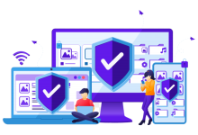 Device-security-concept,-people-on-giant-gadget-device-with-shield